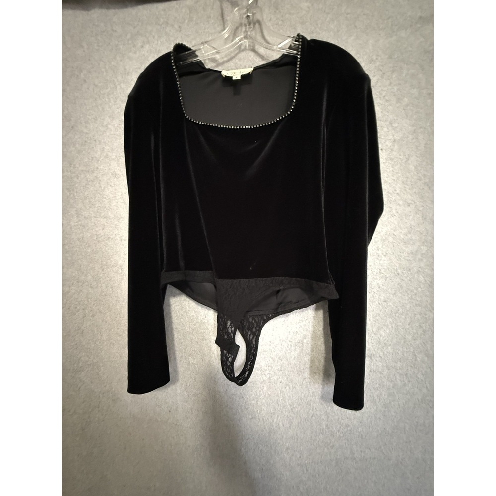 Cache Bodysuit Womens Large‎ Black Velvet Rhinestone Trim Long Sleeve Thong